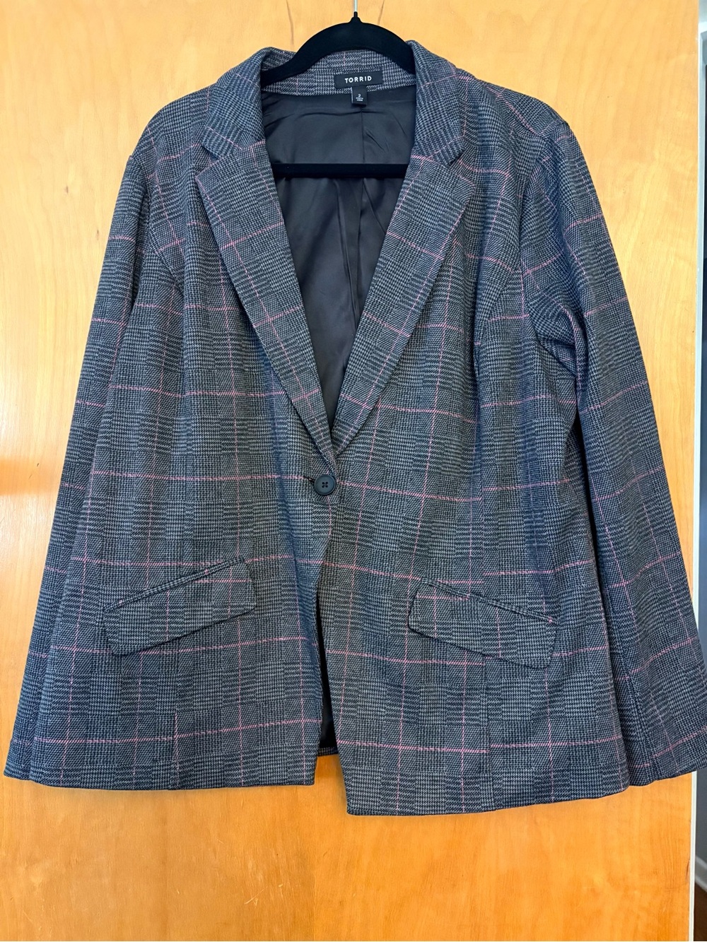 Torrid Gray Single Button Plaid Blazer with Pink Windowpane, Size 2